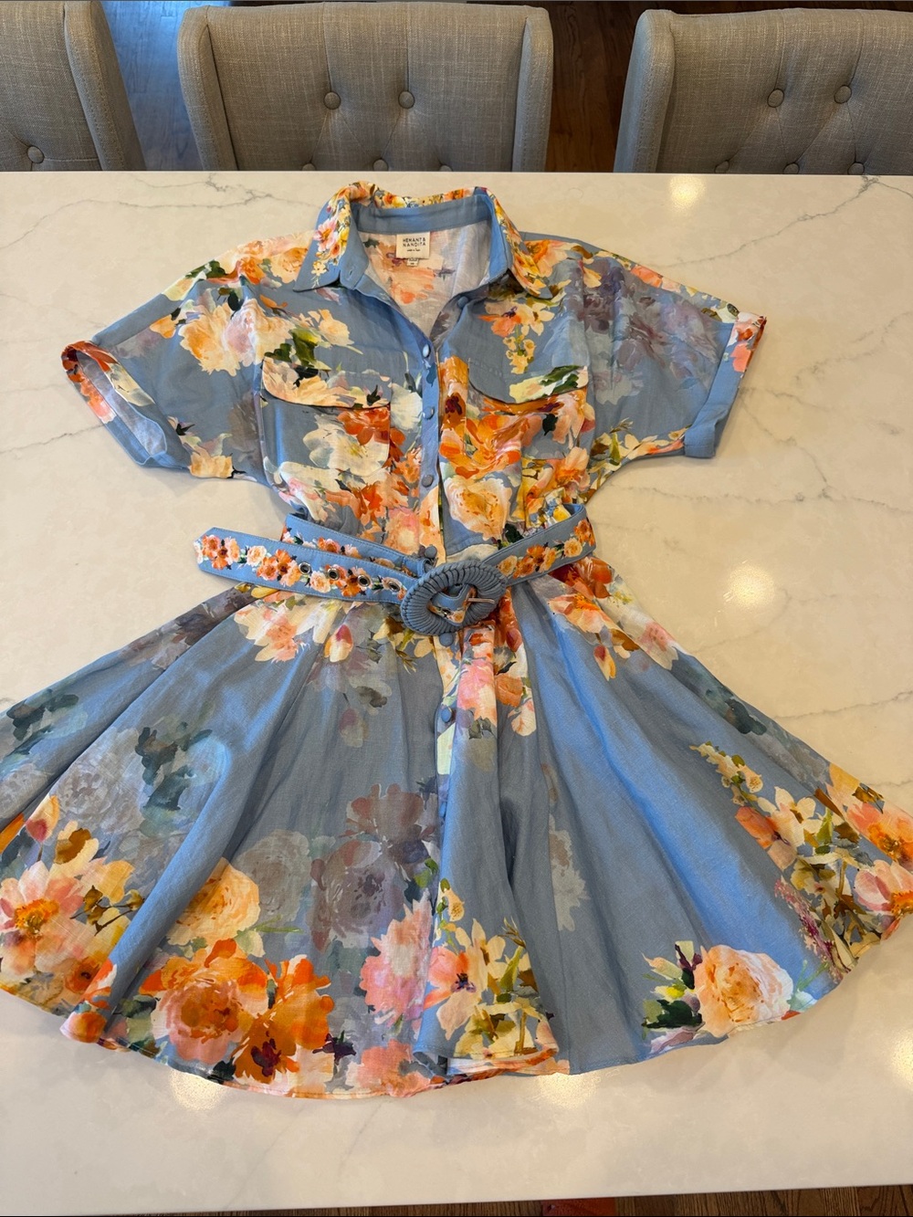 Hemant & Nandita Blue Floral Shirt Dress with Belt